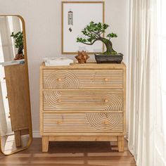 a wooden dresser sitting next to a mirror and potted plant on top of it