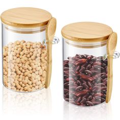 two glass containers filled with different types of beans