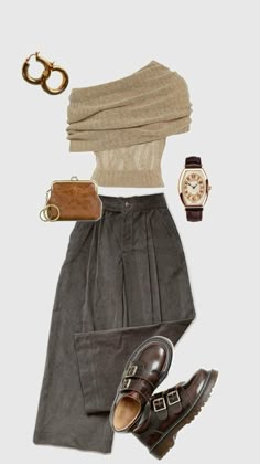 a woman's outfit with shoes, watch and purse