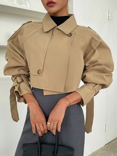 DAZY Buckle Raglan Sleeve Epaulettes Design Crop Trench Coat | SHEIN USA Outfits Petite, Double Breasted Trench Coat, Current Fashion, 2022 Trends, Trench Jacket, Fit Details