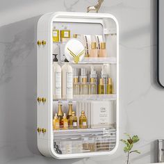 an open medicine cabinet filled with beauty products