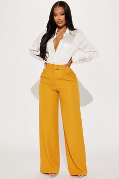 Available In Olive And Mustard. Trouser Pant High Rise 2 Button Detail Front Pleats Invisible Back Zipper Hand Pockets Straight Leg Non Stretch Disclaimer: To Keep The Aesthetic Of This Garment, Please Follow The Care Instructions Carefully. 95% Polyester 5% Spandex Imported | Feeling Focused Trouser in Mustard Yellow size 1X by Fashion Nova Mustard Outfits, Mustard Pants, Mustard Fashion, Off White Fashion, Classy Gowns, Outfit Chic, Stylish Work Attire, Effortlessly Chic Outfits, Khaki Fashion