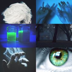 a collage of photos with green and blue colors in the eyes, hands, and other things