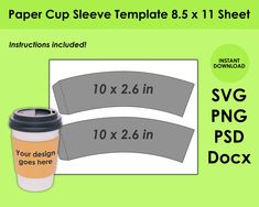 a coffee cup with the measurements for it to be placed next to each other on a green background