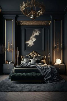 an elegant bedroom with black walls, gold accents and a chandelier above the bed