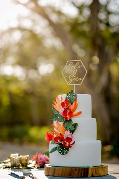 a white wedding cake with red flowers on top