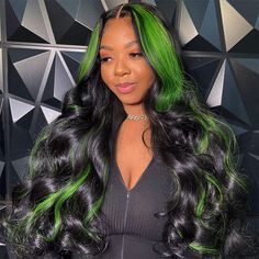 Alipearl Hair Offers New Glamorous Hairstlyle - Money Piece Highlights In Green Color On Black Hair Wigs, Body Wave 13x4 Lace Frontal Wigs With Green Highlight 14-26 Inches, Will Add Dimension, Brightness To Your Complexion, Shop Now To Update Your Look! Wigs With Green Highlights, Black And Green Sew In Weave, Green Highlights In Black Hair Wig, Green And Black Wigs Black Women, Green Weave Black Women, Green And Black Hair Black Women, Green Wigs Black Women, Wig Ambassador, Black And Green Wig