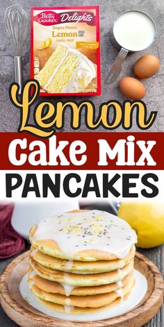 lemon cake mix pancakes on a plate with the words lemon cake mix in front of it