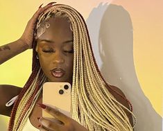 Box Braids Half Color, Ginger Braids With Peekaboo, 350 Box Braids Color And Blonde, Black Box Braids With Blonde Front Pieces, Half Blonde Half Brown Box Braids, Peak A Boo Braids Blonde, Bleach Blonde Box Braids, Box Braids Ginger And Blonde, Blonde And Ginger Braids Black Women