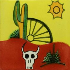 a tile with a skull and cactus in the desert on it's side, against a yellow background