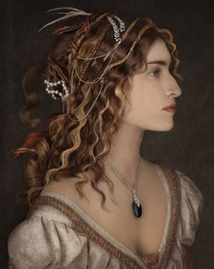 a painting of a woman with long curly hair wearing a tiara and pearls on her head