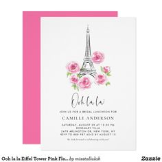 pink roses and the eiffel tower in paris birthday party card