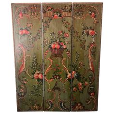 three panel screen with flowers and vines on green background