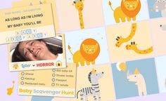 baby scavenger hunt game with cartoon animals and giraffes on it