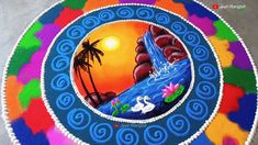 a colorful cake with an image of a blue shoe on it and palm trees in the background