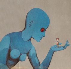 an image of a blue alien holding a tiny toy in his hand with the caption, roland topor la planete sauvage fantastic planet