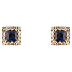 Sapphire and diamond stud earrings. 2 square cut sapphires, each with a halo of round brilliant cut diamonds, wet in 14k yellow gold. 2 square blue sapphire, approx. .61cts 30 round brilliant cut diamonds, approx. .23cts 14k yellow gold Stamped: 14k 2.0 grams Top to bottom: 6.3mm or .25 Inch Width: 6.3mm or .25 Inch Depth or thickness: 4.3mm Square Sapphire Ring Gold, Luxury Blue Square Cut Jewelry, Luxury Square Cut Sapphire Jewelry, Antique Wedding Bands, Yellow Gold Stud Earrings, Diamond Sapphire Engagement Ring, Antique Engagement Rings Vintage, Antique Bracelets, Vintage Sapphire