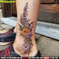 a woman's foot with flowers on it and the words, get creative tattoos like this