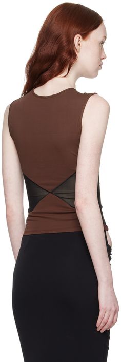 Deadstock stretch viscose jersey and semi-sheer stretch nylon mesh tank top. · Paneled construction · Crewneck Supplier color: Umber Mesh Tank Top, Women Wear, Tank Top, Mesh, Crew Neck, Tank Tops, Color