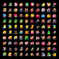 an image of pixel art with many different types of characters on it's black background