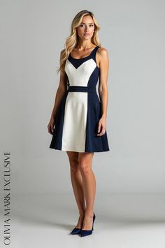 Olivia Mark - Elegant Navy and Ivory Colorblock Fit and Flare Dress White A-line Color Block Dress, Elegant Fitted Color Block Mini Dress, Elegant Mini Length Color Block Dress, White Color Block Mini Dress, Elegant Color Block Mini Dress For Spring, Fitted White Color Block Dress, Elegant Color Block Mini Dress, Block Design, Navy Blue Dresses