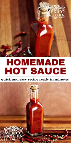 homemade hot sauce in a glass bottle on a wooden table with text overlay that reads homemade hot sauce quick and easy recipe ready in minutes