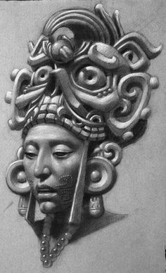 a black and white drawing of a woman's head with an intricate design on it