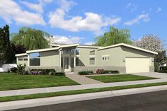 this is an artist's rendering of a modern home in the suburbs with grass and trees