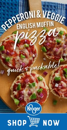 an advertisement for pepperoni and veggie english muffins on a cutting board