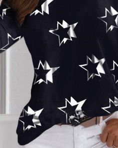 Star Print Cold Shoulder Casual T-shirt P15476 Casual Black T-shirt With Star Print, Spring Crew Neck T-shirt With Star Print, Black Tops With Star Print For Spring, Black Star Print Top For Spring, Black Star Print Tops For Spring, Black Star Print Casual T-shirt, Casual Long Sleeve Star Print Tops, Black Casual T-shirt With Star Print, Casual Black Top With Star Print