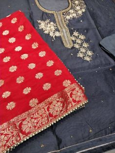 Item Overview Atharva Hand Embroidered/Indian Salwar Kameez/Punjabi/Beautiful Embroidered Neck In Black & Banarsi Silk Dupatta in Red - Dno. CH1136 Fabric: * Shirt Chanderi 2.5 Mts, Beautiful Embroidered Neck in Black. Dabka Work * Dupatta: Banarsi Silk in Red 2.5 Mts. Motifs May Wary * Bottom Santoon Silk 2.5 Mts. Red Excusive Hand Embroidered Party Wear Punjabi Suit. Customization: * Fabrics: Designs Can be made in different Fabrics. * Stitching Available Care: * Dry Clean/ Avoid direct Ironin Dabka Work, Indian Salwar Kameez, Indian Salwar, Pure Chiffon, Punjabi Suit, Silk Dupatta, Chiffon Shirt, Thread Work, Punjabi Suits