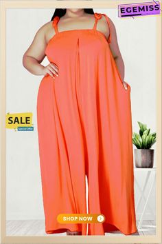 Orange Casual Solid Patchwork Frenulum Spaghetti Strap Plus Size Jumpsuits Orange Summer Overalls Jumpsuit, Summer Orange Overall Jumpsuits And Rompers, Orange Summer Jumpsuit Overall, Summer Strapless Jumpsuit With Pockets, Plus Size Jumpsuit, Women's Style, Plus Size Fashion, Spaghetti Strap, Spaghetti