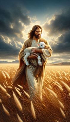 jesus holding a baby in his arms while walking through a wheat field under a cloudy sky