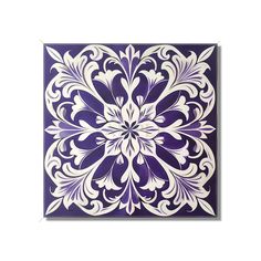 a blue and white tile with an intricate design on it's surface, in the shape of a flower