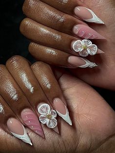 Flower Nails With French Tip, Stiletto Nail Shape, Nails With French Tip, Gel Polish Nails, 3d Flower Nails, Graduation Nails, Polish Nails, Acrylic Press On Nails, Dope Nail Designs