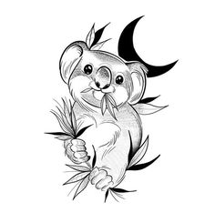 a drawing of a koala holding onto a branch with the moon in the background