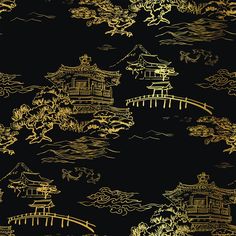 Chinese Decor Asian Interior, Black Chinoiserie, Wallpaper Antique, Gold And Black Wallpaper, Tan Wallpaper, Asian Wallpaper, Black And Gold Aesthetic, Wallpaper Gold, Wallpaper For Wall