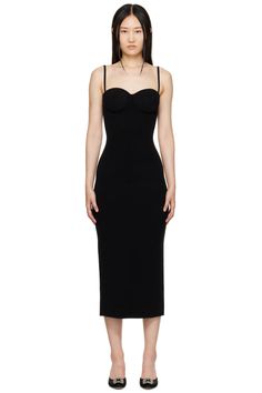 Sportmax: Black Albi Midi Dress | SSENSE Black Fitted Midi Dress With Scoop Neck, Fitted Seamless Black Midi Dress, Black Midi Dress With Fitted Bodice And V-neck, Black Stretch A-line Midi Dress, Black Stretch Midi Dress With Built-in Bra, Sweetheart Neckline, Knit Dress, Spaghetti Strap, Little Black Dress