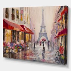 a painting of people walking in front of the eiffel tower on a rainy day