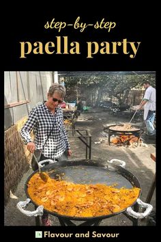 an advertisement for paella party with a man cooking food in a large skillet