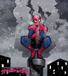 a spider - man sitting on top of a building in the snow