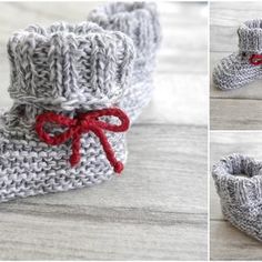 three pictures of crocheted baby booties with red bows on them, one is made from yarn and the other is knitted