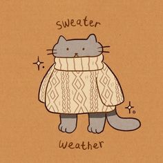 a drawing of a cat wearing a sweater with the words weather written on it and stars in the background