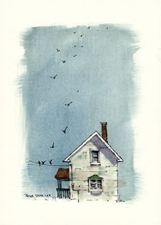 a drawing of a house with birds flying over it