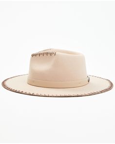 100% wool. Flat brim. 3.25" brim. Pinch front crease. Embroidered design on front of brim and crown. Faux leather hat band. Ivory. Western Wool Hat Band For Spring, Western Wool Hat Bands For Spring, Spring Wool Felt Hat With Flat Brim, Beige Leather Hats With Curved Brim, Leather Felt Hat With Flat Brim For Fall, Spring Leather Fedora With Curved Brim, Beige Leather Flat Brim Hat, Western Wool Hat Bands, Leather Fedora With Flat Brim For Spring