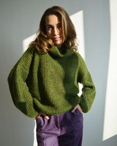 Hello, I'm the one, who won't let you down - green mohair sweater. I will comfort you, keep you warm and will make you smile. I'm 100% hand made and proud of that. I consist of 70% italian kid mohair and 30% of nylon, which makes me incredibly natural. I'm quite unique as could be worn all year long. I'm in one size and one size fits all because my measurements are : ❤️ Width -56-57 cm ❤️ Lengths -47-48cm If you would like me in other size, you could request a custom order with your own paramete Moss Green Sweater, Green Turtleneck Outfit, Green Sweater Outfit, Amy Valentine, Orange Pullover, Hand Knitted Dress, Pull Mohair, Loose Knit Cardigan, Boho Pullover