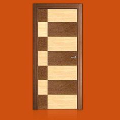 an open door with brown and white checkered pattern on the side, against an orange wall