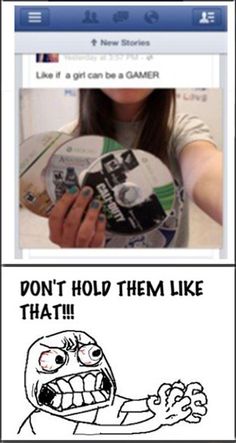 a girl holding up a cd with the caption don't hold them like that