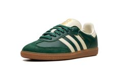 The Women’s adidas Samba OG “Collegiate Green” is a women’s-exclusive colorway of the retro indoor soccer shoe with a green-based appearance.  The adidas Samba is one of the most popular sneakers in the world, and here, its timeless design is featured in a Collegiate Green leather construction.  Cream Three Stripes branding appears on the sides, while more cream accenting is found on the leather heel tab and tongue that features classic adidas Samba branding.  A gum rubber sole completes the loo Adidas Shoes Samba, Samba Og Shoes, Stripes Branding, Classic Adidas, Adidas Samba Og, Indoor Soccer, Samba Og, Euro Summer, Popular Sneakers