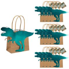 paper bag with dinosaur silhouettes on it and tags attached to the handles for each package